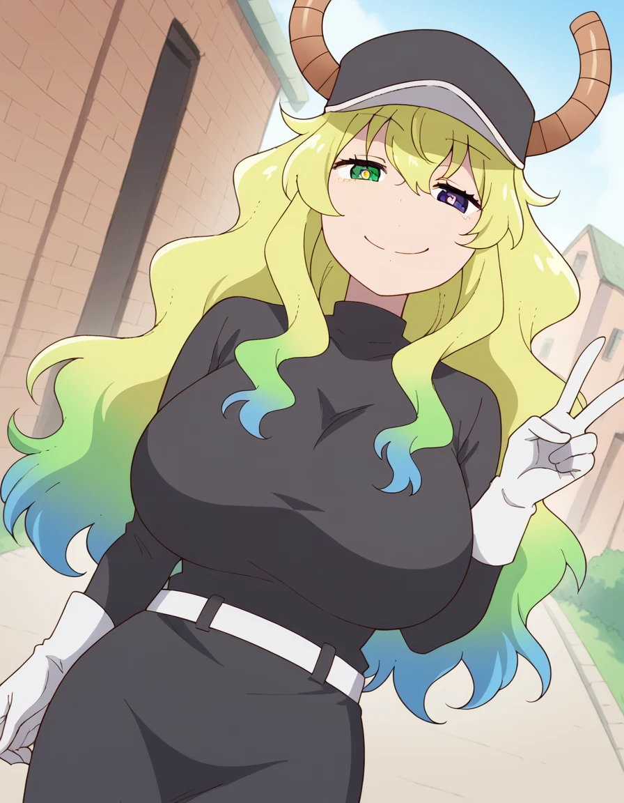 score_9, score_8_up, score_7_up, source_anime, <lora:dragon-lucoa-s2-ponyxl-lora-nochekaiser:1>, lucoa, blonde hair, blue hair, dragon girl, gradient hair, green hair, hair between eyes, horns, huge breasts, multicolored hair, green eyes, purple eyes, yellow pupils, heterochromia,, <lora:team-rocket-uniform-ponyxl-lora-nochekaiser:1>, team rocket uniform, black hat, black shirt, black skirt, white belt, white gloves, single letter,, smile, smug, v, outdoors,, cowboy shot, dutch angle, looking at viewer,