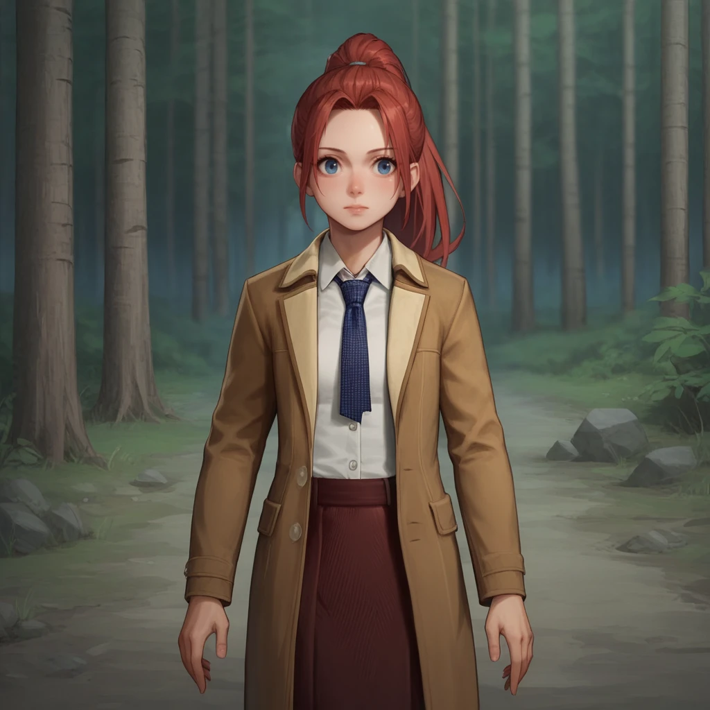 score_9_up, score_8_up, BREAK, StarterOutfit, femaleoutfit, 1girl, solo, red hair, high ponytail, long hair, blue eyes, white shirt, necktie, coat, skirt, cowboy shot, <lora:HogwartsLegacy_StarterOutfit_PXL_Leaf1:1>, depth of field, forest, night,