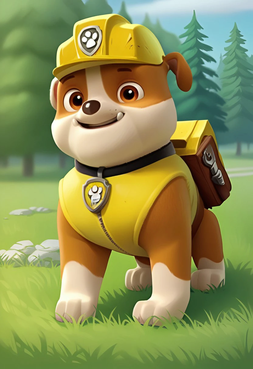 BREAK Score_9_up, Score_8_up, Score_7_up, source_anime, 1boy, solo, Rubble_Pp, brown fur, beige fur, brown eyes, brown spots, black collar, feral, yellow helmet, yellow vest, grass, day,