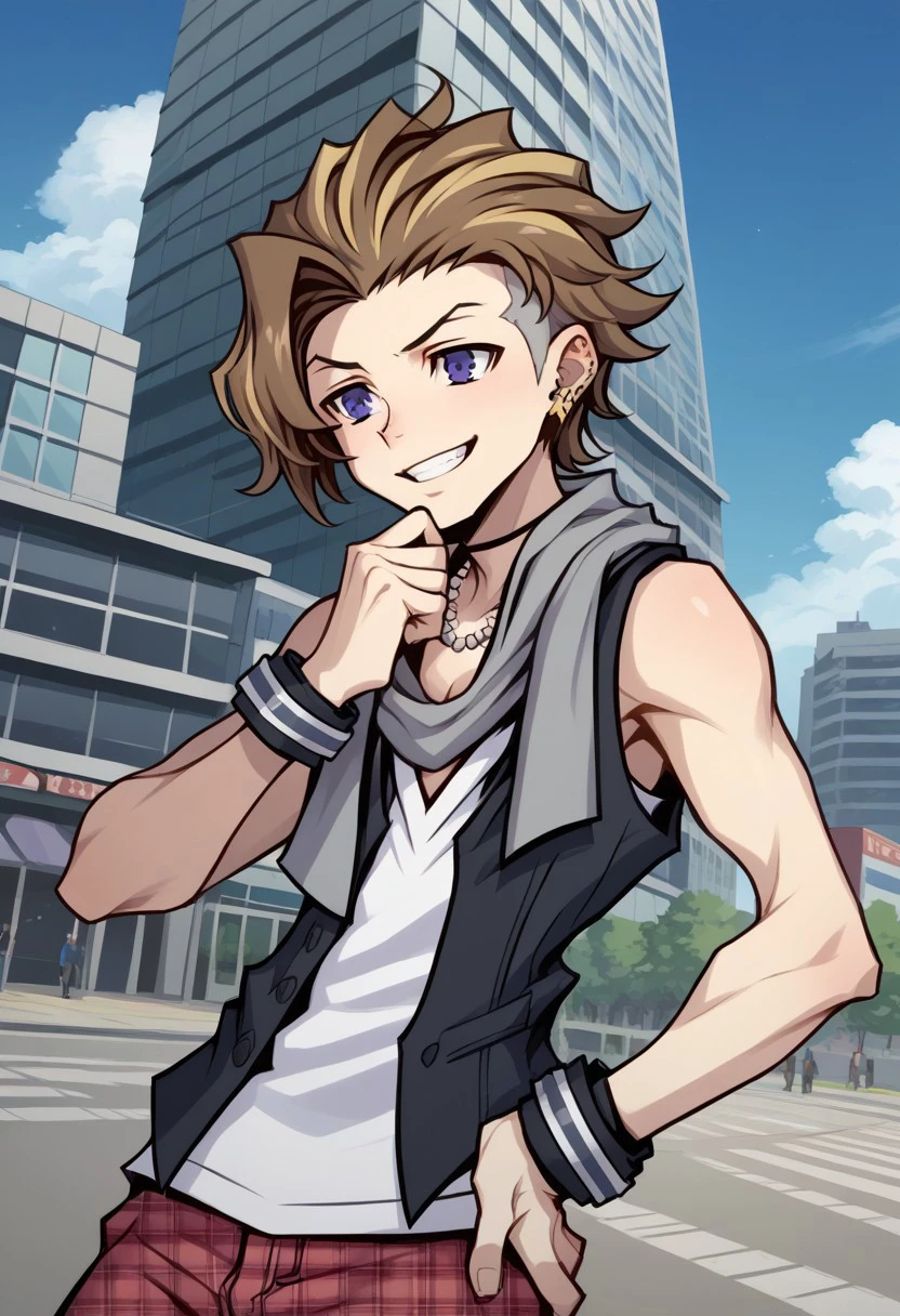 score_9, score_8_up, score_7_up, source_anime, highly detailed, 
tosaifret, 1boy, male focus, solo, brown hair, blonde hair, multicolored hair, purple eyes, earrings, piercing, ear piercing, scarf, vest, white shirt, sleeveless, jewelry, necklace, wristband, plaid, pants, plaid pants, 
hand on hip, smile, grin, stroking own chin, hand on own chin, upper body, 
outdoor, sky, cloud, building, street