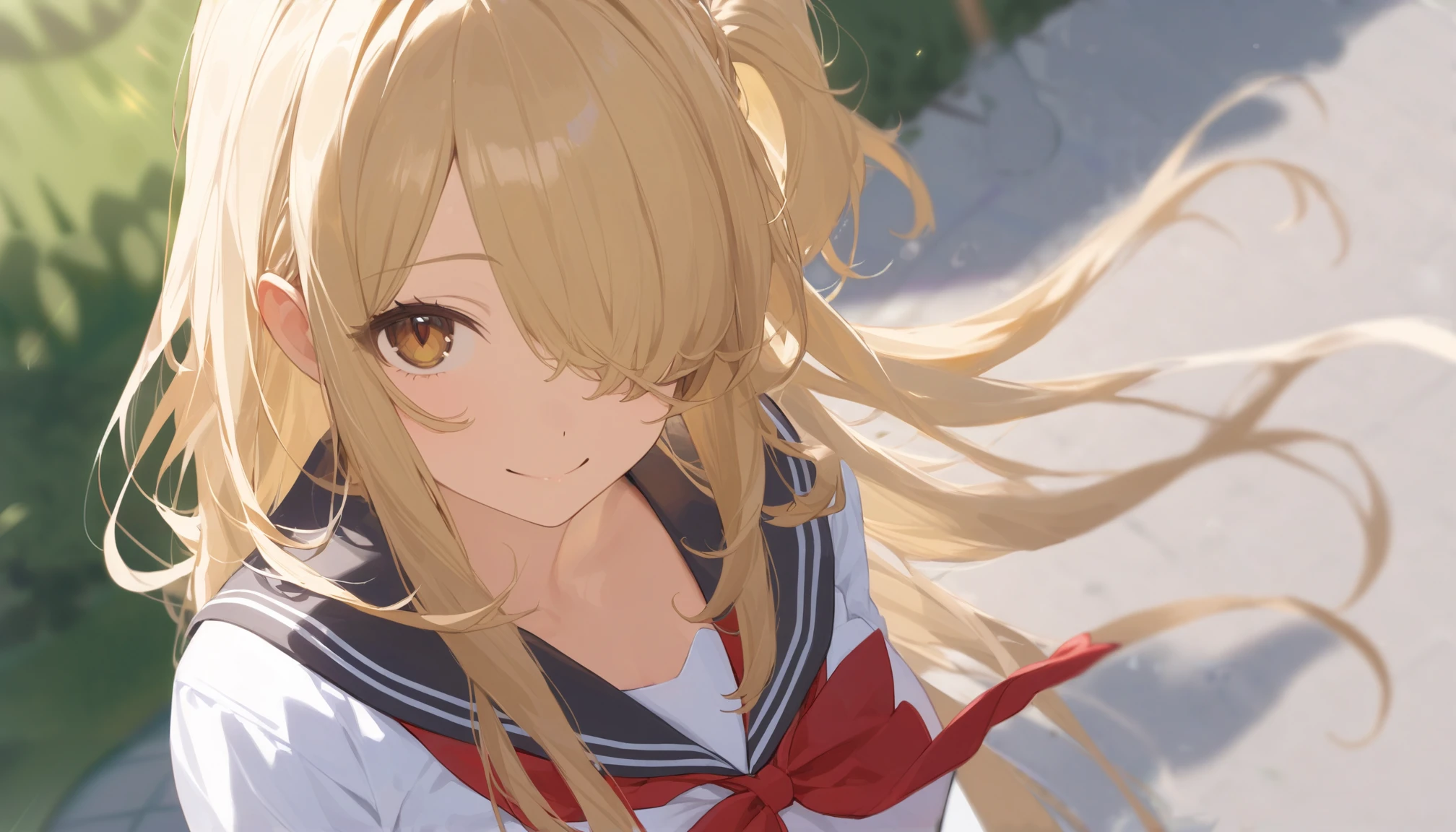 best quality, ultra-detailed:1.2),
(extremely detailed and beautiful:1.1), (absurdres:0.5),

blurry_foreground, blurry_background,
outdoors,

blonde_hair,
__hair-bangs__, __hair-style-simple__,

solo, girl, gyaru,


school_uniform, serafuku,
looking_at_viewer,
brown_eyes,
smile,

{straight-on|from_above|from_below|from_behind, looking_back|from_side},