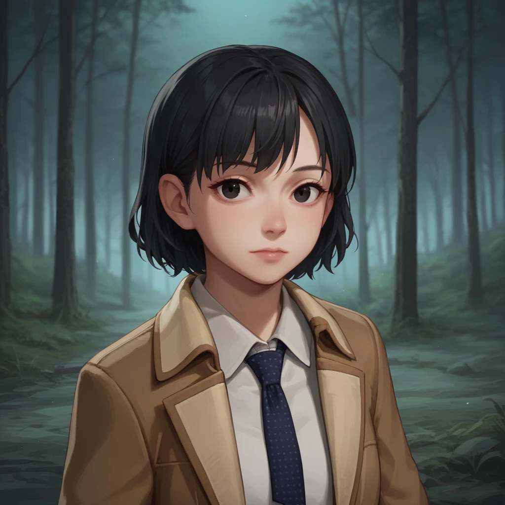 score_9_up, score_8_up, BREAK, StarterOutfit, femaleoutfit, 1girl, solo, black hair, short hair, black eyes, white shirt, necktie, coat, <lora:HogwartsLegacy_StarterOutfit_PXL_Leaf1:1>, depth of field, forest, night, looking at viewer,  upper body,