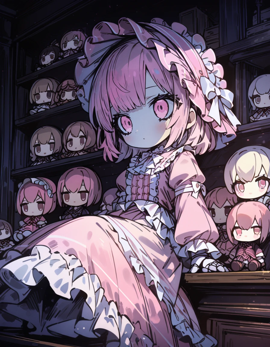 masterpiece, best quality,  (4K), highly detailed, 8K, UHD, ultra detailed, immersive picture, vivid colors, volumetric light, cinematic light, extremely detailed CG, absurdres, solo,
1girl, seated on shelf, doll, joints, victorian dress, shelf, pink dress, pink bonnet, looking to the right, from the front,  <lora:EridollP:1>, chibi