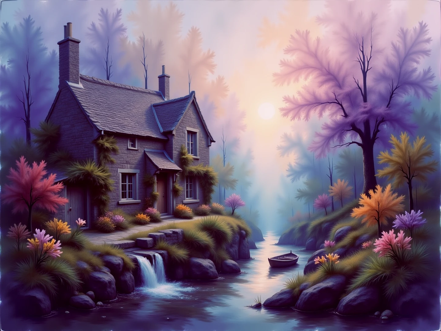 A pastel landscape. A rustic dark stone cottage by a river, a boat on the river below small rapids and waterfall. Ivy-covered walls.

Fantasy dreamlike art.

FntsyPstlCE style