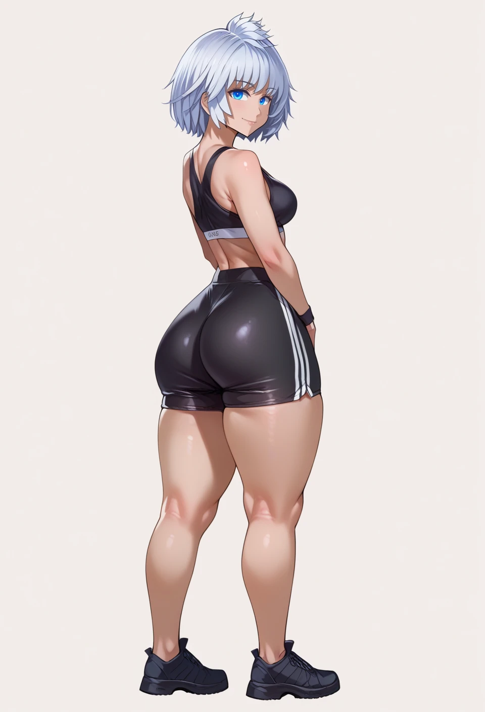 1girl, nsfw, very short haircut, hair covering left side of eyes, purple violet skimpy strapless bikini clothing, d cup breasts, round hips, very light blue violet hair, full body, floating in the air, back view, lunging forward, facing right, attack pose, arms reaching out forward, blank gray background