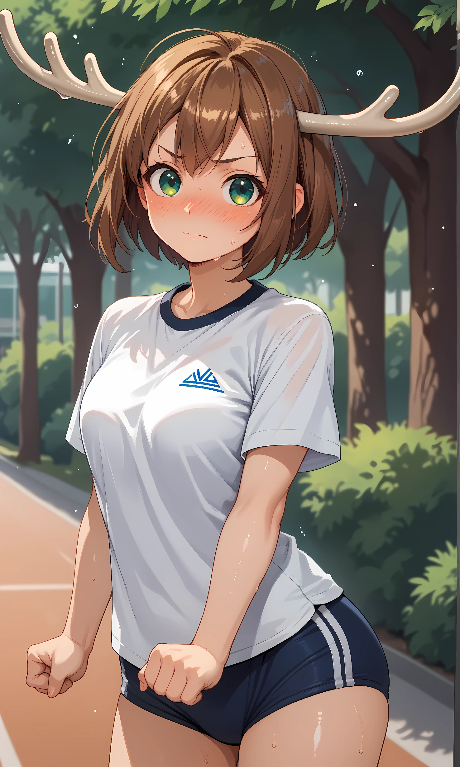 score_9, score_8_up, score_7_up, BREAK source_anime, 1girl, solo, outdoors, park, cowboy shot, looking at viewer, shiny skin, nokotan, blue eyes, green eyes, two-tone eyes, brown hair, short hair, deer antlers, white shirt, short sleeves, gym niform, buruma, nose blush, sweat, closed mouth