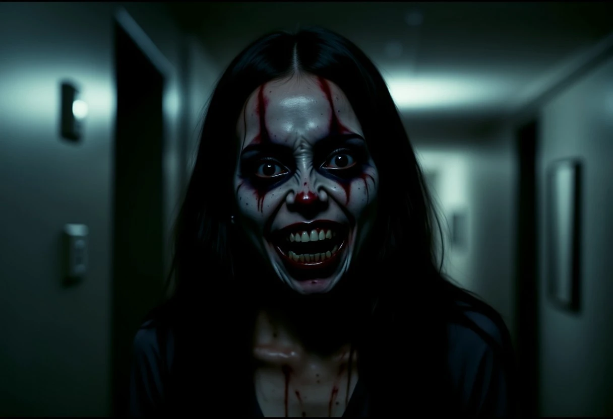 The image is a dark, eerie realistic scene from a horror movie, showcasing a character in a dimly lit, narrow corridor. The subject is an older woman 34 years of age with pale skin and long, dark hair, her face is painted as an evil clown face with sharp teeth, giving her an otherworldly appearance and smiling in an evil way. She has a small, dark tear running down her cheek, adding to the unsettling atmosphere.