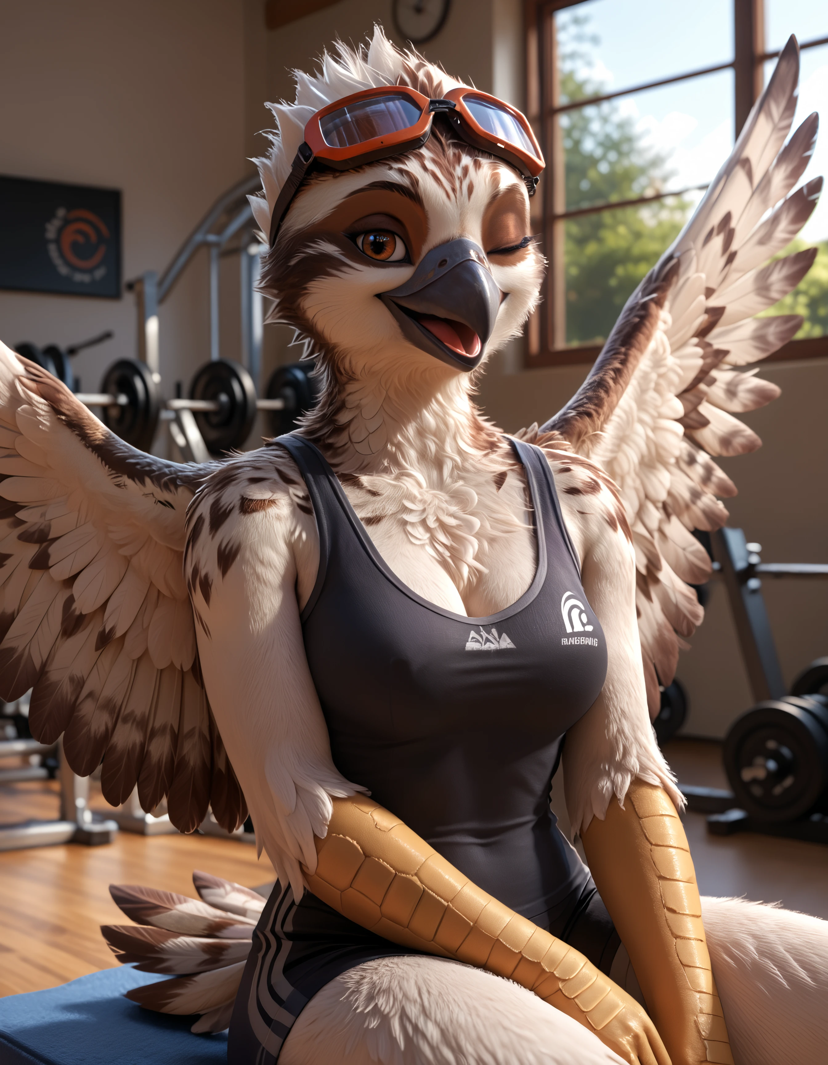 score_9, score_8_up, score_7_up, BREAK rating_safe, detailed, cinematic lighting, masterpiece, best quality, ultra realistic, 4k, 2k, film photography, RAW photo, photorealistic, analog style, subsurface scattering, photorealism, <lora:add-detail-xl:3.0>, <lora:2.5DRealisticV2.safetensors:0.25>, <lora:sinfully_stylish_SDXL.safetensors:0.6>, <lora:AdvancedEnhancerXLv2.safetensors:1.0>, (hi res), solo, anthro, furry, <lora:kwaza_(ozawk)_v1.safetensors:1.0>, kwaza, avian, 1girl, black beak, chest tuft, white body, feathers, multicolored body, spots, brown eyes, goggles on head, tank top, wings (close-up, sitting, one eye closed (winking), gym:1.15)
