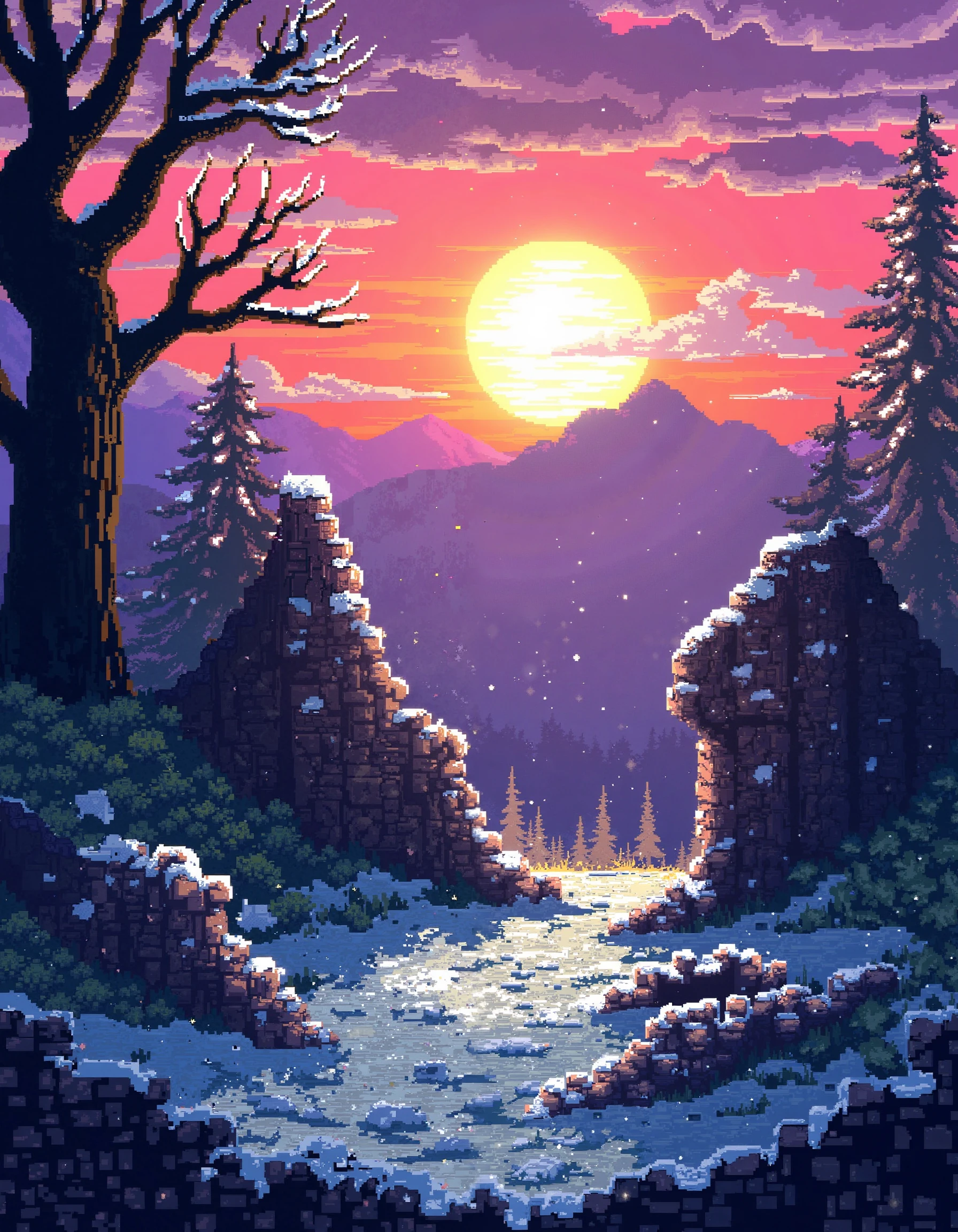 (ruins, broken, snow, dappled sunlight:1.2), sun, tree, forest, scenery, rock, reflection, ancient, overgrown, mountains, sunset, clouds, mountainous horizon, fantasy, medieval, 1other, looking away, (pixel art, pixelated:1.2), (masterpiece, exceptional, best aesthetic, best quality, masterpiece, extremely detailed:1.2), in the style of umempart