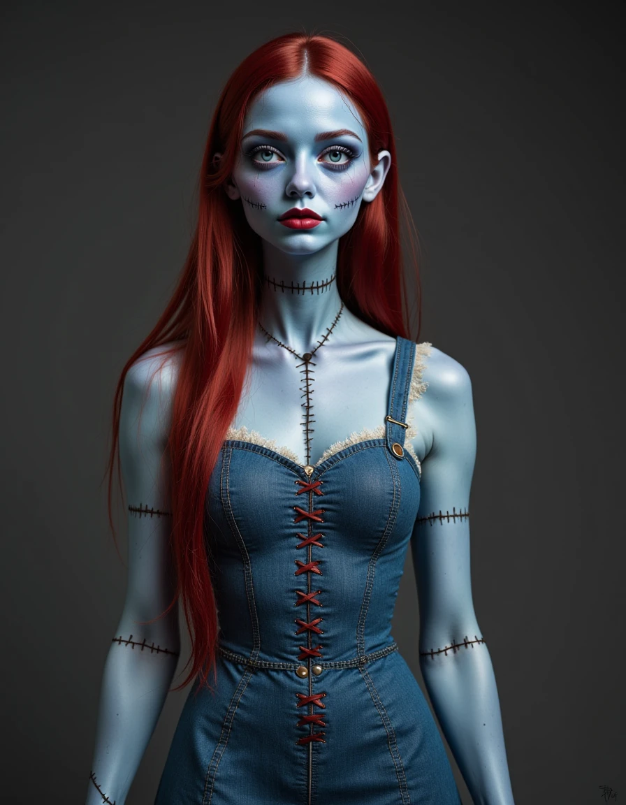 <lora:jhs-flux-ohwxsally-000010:1.7> ohwxsally,  stitches, blue skin, WEARING dress, high resolution photo