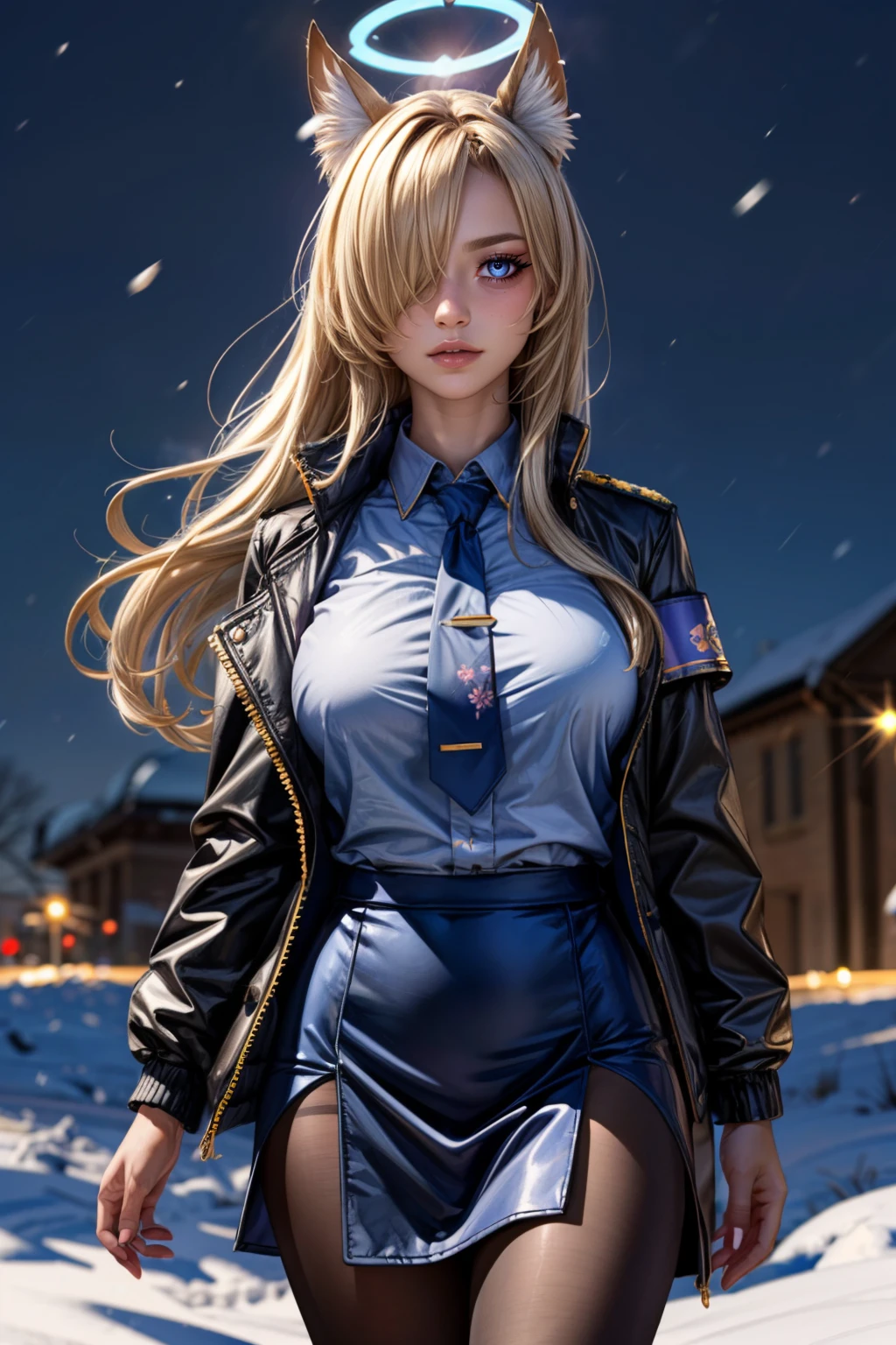 (ultra realistic,32k, masterpiece:1.2),(high detailed skin:1.1),( high quality:1.1), <lora:IllyasvielVonEinzbern_v1:0.7>, zzIllya, looking at viewer, night, outdoors, snowing, sky, BREAK,    <lora:Kanna_BlueArchive_Citron:0.8>, zzKanna, blonde hair, long hair, animal ears, blue halo, hair over one eye, blue eyes, breasts, large breasts, extra ears, dog ears black jacket, blue shirt, collared shirt, blue necktie, black pantyhose, blue skirt, armband,  ,BREAK,  blooming stars, luminescent petals, otherworldly fragrance blurry background, (looking at viewer, standing:1.1), huge breast, large breast, <lora:add_detail:0.92>, (glowwave:1.1),