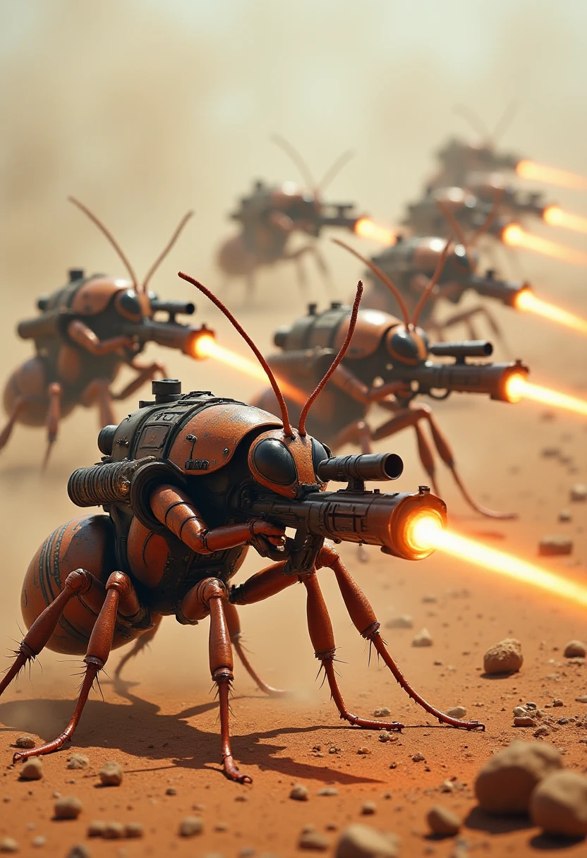 A fire ant commando squad storming a bunker in a high-tech desert warzone. Each ant has a uniquely designed battle suit, equipped with tactical gear like grenades and plasma rifles. The scene shows a coordinated military assault, with lasers cutting through the arid landscape. The style echoes the hyper-realistic, military illustrations seen in sci-fi strategy board games. , InsectCommandos