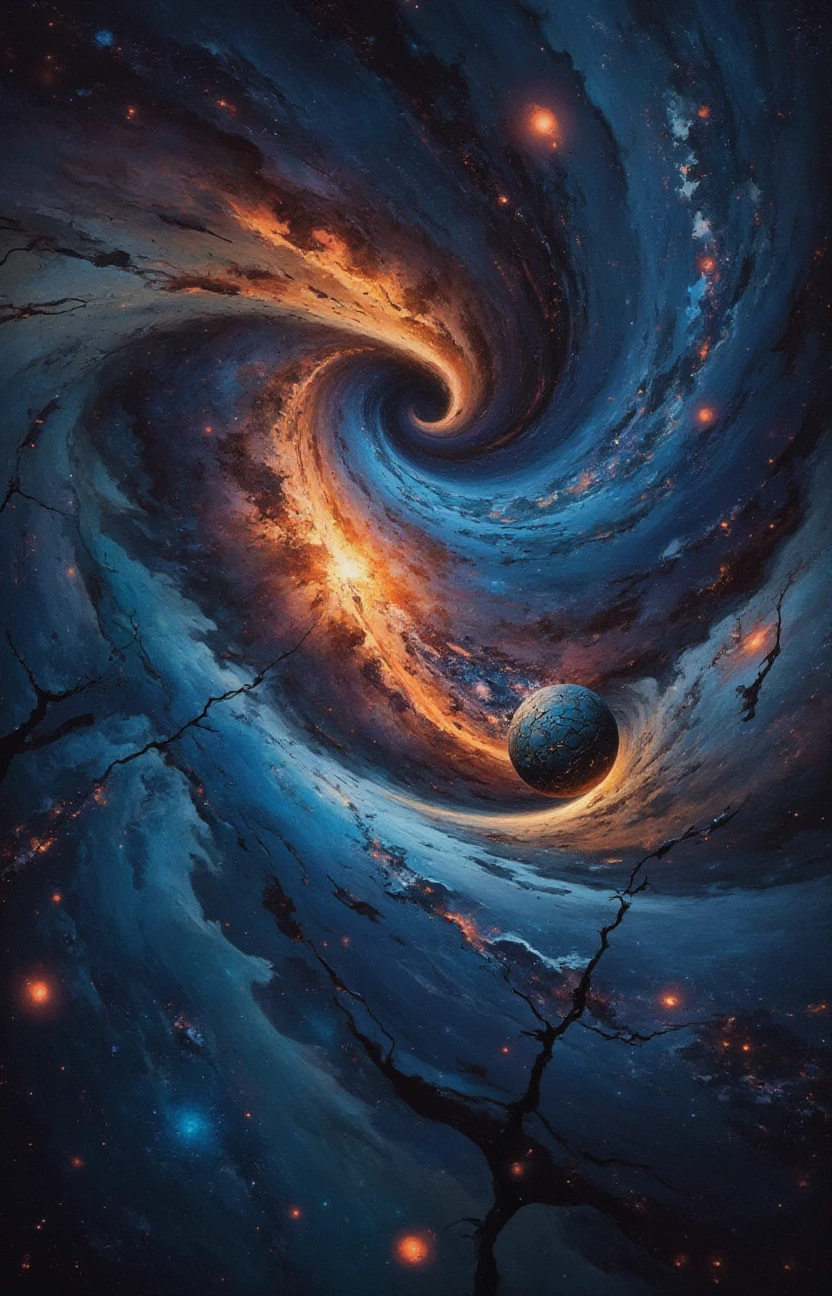 a galaxy upside down in a glowing tiled universe cracked soul-ball trenched in an ocean of light leaking ghostly shapes, constellation, composition, dark,,<lora:- Flux1 - impossible_geometry_V1.0:.7>