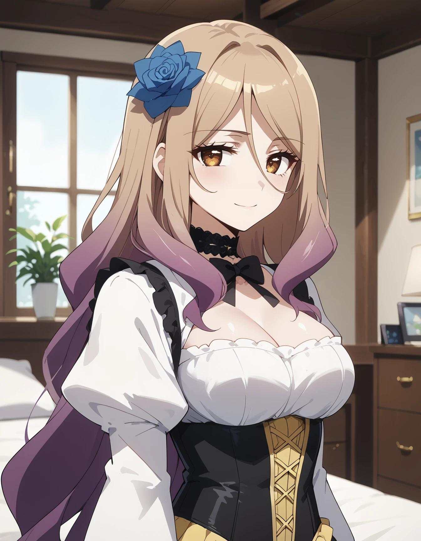 (score_9, score_8_up,score_7_up,source_anime,anime),solo,1girl,<lora:Quele:0.9> Quele,long hair,light brown hair,brown eyes,purple hair,gradient hair,hair ornament,blue rose,large breasts,
,seductive smile
BREAK
white sleeves,puffy sleeves,black dress,(yellow frills),choker,black corset
,upper body,Standing,Indoors
BREAK 
looking at viewer,from behind  <lora:NoctFlatStyleV4:0.6>