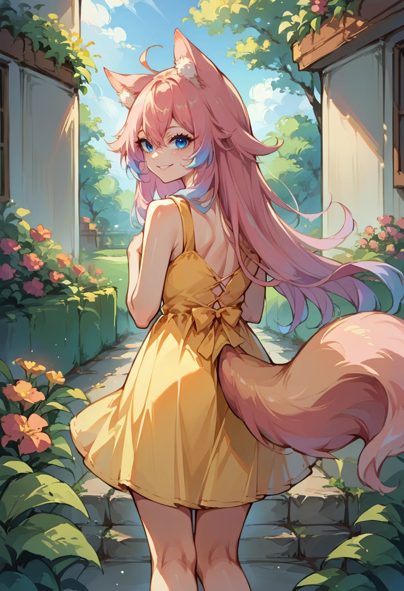 score_9, score_8_up, source_anime, 1girl, solo, NayamiPF, animal ears, blue eyes, pink hair, multicolored hair, long hair, hair between eyes, ahoge, tail, from behind, yellow sundress, garden, day, sunshine, smile, looking back, <lora:ChamNayamiPeachfoxPonyXL:1>