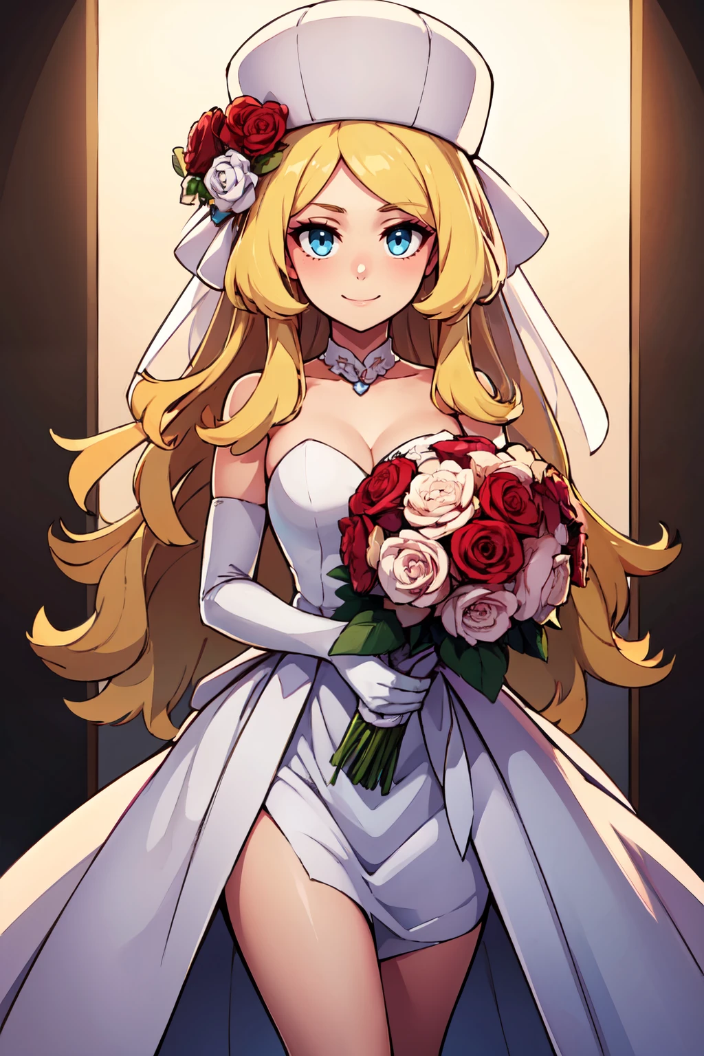 ((masterpiece,best quality)), absurdres,  BREAK, , <lora:Caitlin_Pokemon:0.7>,  zzCaitlin, blue eyes, long hair, blonde hair, hat, very long hair, , BREAK, bride, wedding dress, bridal veil, strapless dress, elbow gloves, holding bouquet,, BREAK, solo, smile, looking at viewer, cowboy shot,