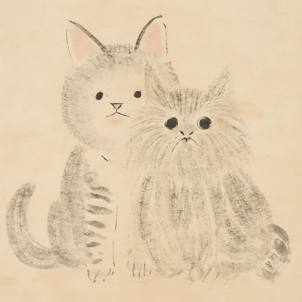 tokugawa style ink painting, cat and dog