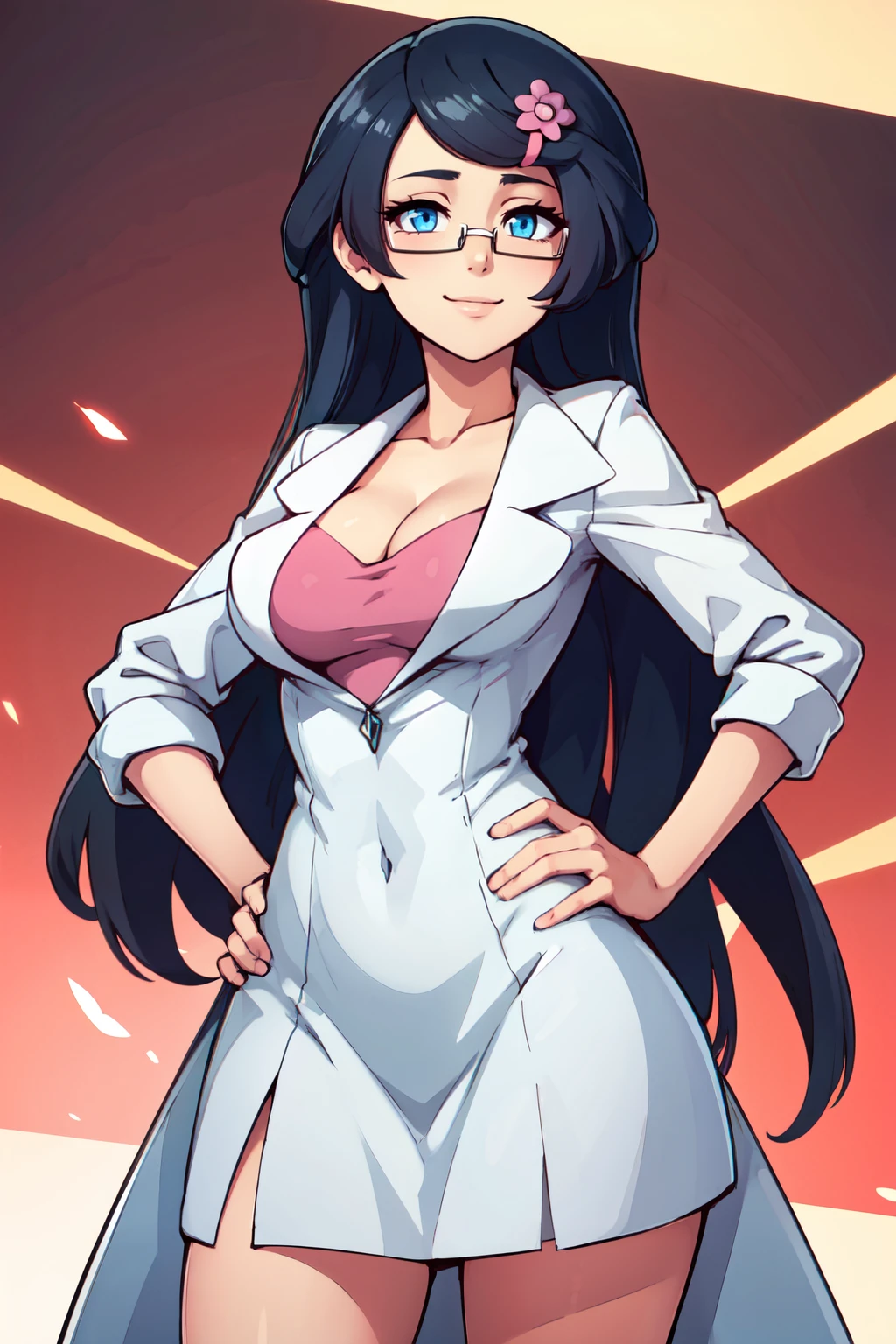 ((masterpiece,best quality)), absurdres,  BREAK, , <lora:Fennel_Pokemon:0.8>,  zzFennel, glasses, hair ornament, long hair, hairclip, blue eyes, black hair, large breasts.  (white labcoat:1), pink dress, , BREAK, hip to the side, hand on hip, contrapposto,, BREAK, solo, smile, looking at viewer, cowboy shot,