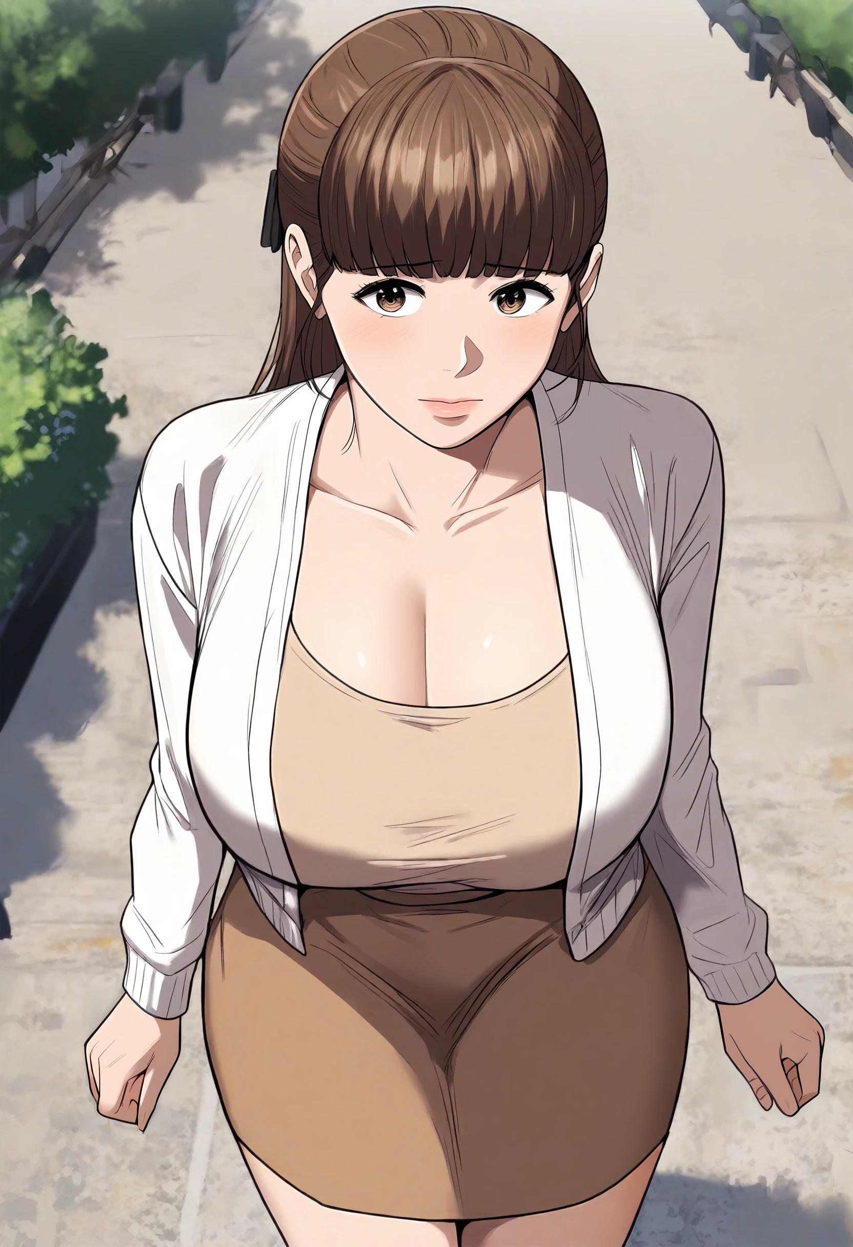 score_9, score_8_up, score_7_up, score_6_up, source_anime, rating_explicit, 1girl, (solo:1.1), huge breasts, <lora:Jang Yu-mi prefectPonyxl:0.9> brown hair, long hair, blunt bangs, brown eyes, half updo, white cardigan, open cardigan, long sleeves, cleavage, brown shirt, brown skirt, pencil skirt, park, outdoors, looking at viewer, from above, (walking:1.1), hands behind back, bent over