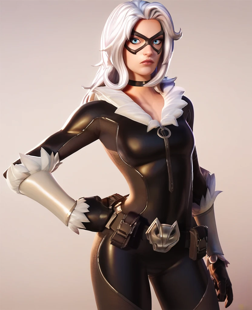 score_9, score_8_up, score_7_up, score_6_up, score_5_up, score_4_up, simple background, realistic, <lora:Black_Cat_Fortnite_Style:1> , bcft, bodysuit, skin tight, white hair, choker, fur trim, mask, portrait, frown, bracer, long hair, looking at viewer, blue eyes, full body, boots, wide hips, narrow waist, hand on own hip, facing up, parted lips,