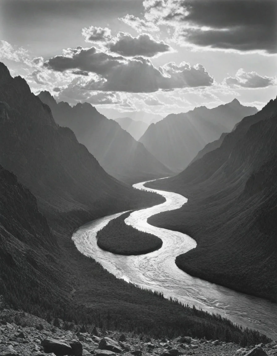 backlit mountains, winding river, clouds, <lora:Ansel_Adams_style:0.6> anseladams