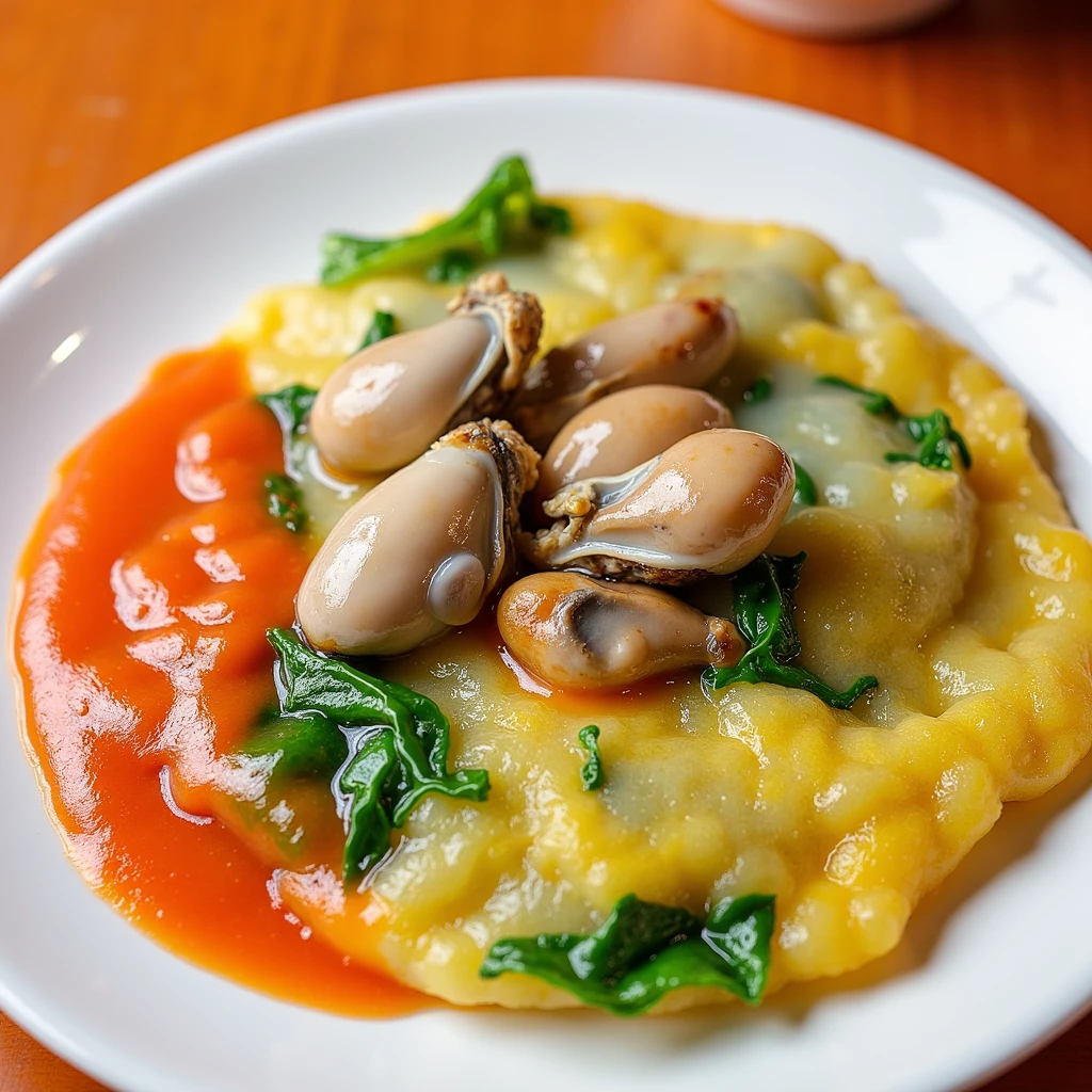 Close-up food photography of Taiwanese oyster omelette (O-a-jian), served on a white round plate, golden-green egg batter with clearly visible plump fresh oysters maintaining their natural irregular shape, vibrant green leafy vegetables scattered throughout, semi-translucent texture of the starchy base, bright red tomato sauce covering half the dish, glistening oysters prominently displayed on top, shiny surface showing the dish's moisture, warm lighting enhancing colors and textures, shallow depth of field focusing on the omelette and oysters, orange-toned background suggesting restaurant setting, high-resolution image capturing intricate details of ingredients, especially the texture contrast between the oysters and the egg batter