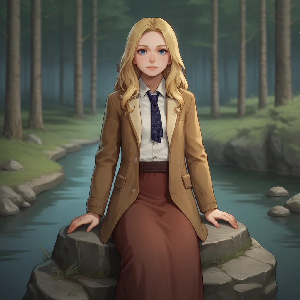 score_9_up, score_8_up, BREAK, StarterOutfit, femaleoutfit, 1girl, solo, blonde hair, long hair, blue eyes, white shirt, necktie, coat, long skirt,  <lora:HogwartsLegacy_StarterOutfit_PXL_Leaf1:1>, depth of field, forest, night, looking at viewer, sitting on rock,