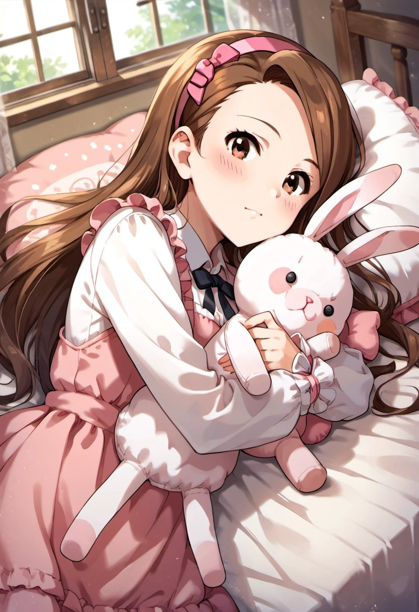 score_9, score_8_up, score_7_up, source_anime,minase iori, long hair, brown hair, brown eyes, 1girl, solo, lying, stuffed toy, stuffed bunny, stuffed animal, pillow, hairband, looking at viewer, window, object hug, blush