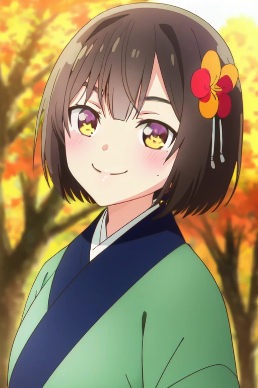 1girl,Ruri girl,solo,looking at viewer,blush,smile,short hair,bangs,brown hair,hair ornament,brown eyes,closed mouth,upper body,flower,outdoors,japanese clothes,hair flower,kimono,blurry,tree,blurry background,portrait,green kimono,<lora:Ruri_Lora:1>,