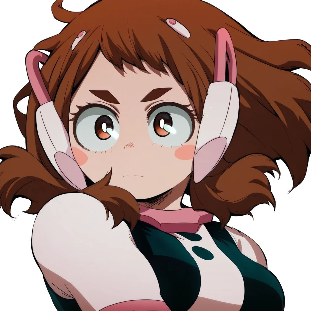 ochako_uraraka, 1girl, score_9, score_8_up, score_7_up, brown hair, brown eyes, white pupil, blush stickers,bodysuit, white background, short hair, breasts, blush stickers, simple background, solo focus, ANIMESTYLE