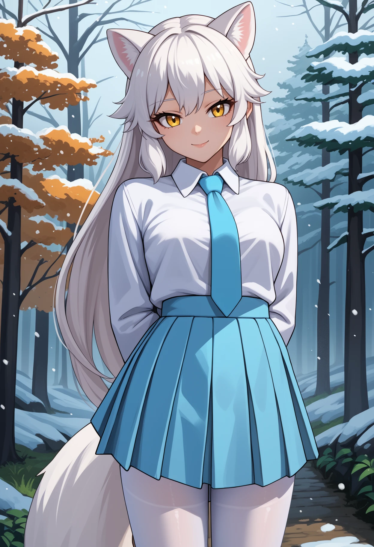 score_9, score_8_up, score_7_up, source_anime, <break> solo, 1girl, arct1cf0x, fox tail, smile, looking at you, standing, arms behind back, head tilt, white hair, animal ears, extra ears, yellow eyes, white shirt, collared shirt, blue necktie, long sleeves, light blue skirt, pleated skirt, white pantyhose, snowing, outdoors, forest
<segment:yolo-face_yolov8m.pt,0.4,0.5//cid=1>