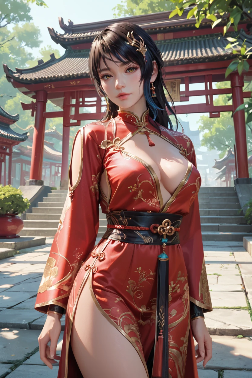 <lora:doa_shandy:0.9> shandy, courtyard, red robe, ornate, gold trim, detailed, chinese architecture, score_9, score_8_up, score_7_up, zPDXL3