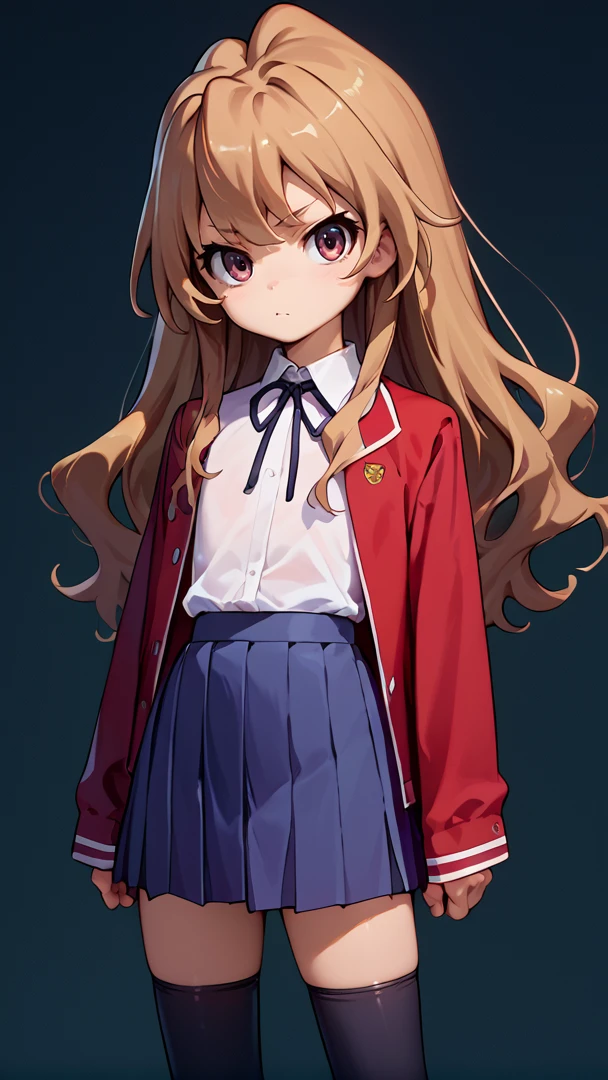 score_9,score_8_up,score_7_up,score_6_up,source_anime,aisaka taiga, 1girl, solo,brown hair,long hair,flat chest, oohashi high school uniform, red jacket, black thighhighs ,pleated skirt,thighhighs,looking at viewer,simple background,<lora:aisaka0006-000008:0.8>,