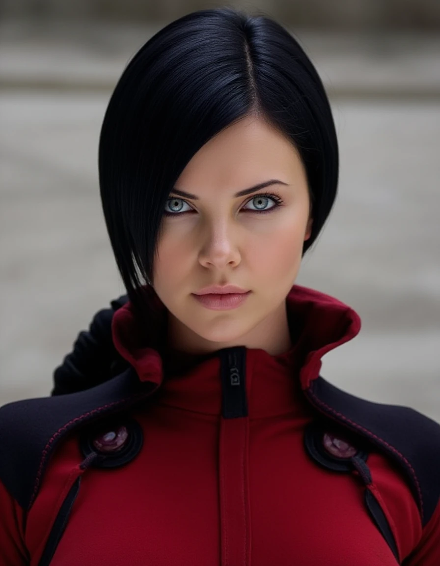 Portrait photo of aeonflux, wearing a futuristic red and black pullover From Front, upper body, looking at viewer. Perfect Detailed face and eyes. Bobcut.  <lora:Æon_Flux__Charlize_Theron_-_Æon_Flux_2005-000012:1>