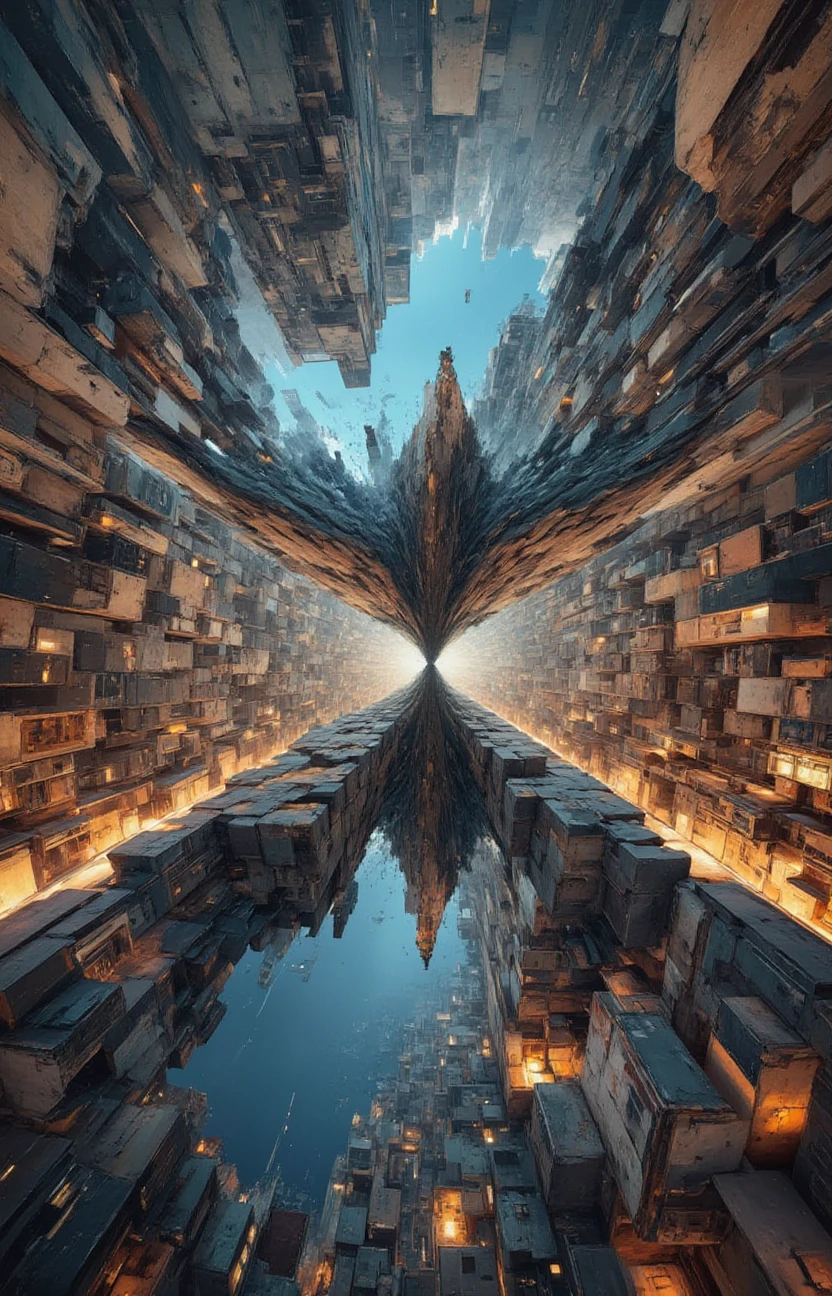 a strange and impossible to solve mountain glued to a gravitational motherboard tilted 454,78 degree upside down, baffling optical illusion, disorienting angle <lora:- Flux1 - impossible_geometry_V1.0:.7>