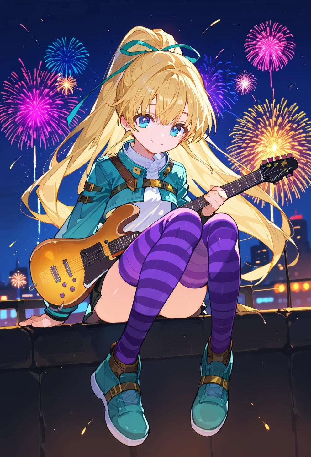 score_9, score_8_up, score_7_up, source anime, noa, 1girl, solo, blonde hair, blue eyes, long hair, smile, belt, hair ribbon, cropped jacket, white shirt, ponytail, skirt, striped thighhighs, shoes, sitting, playing guitar, night, sky, cityscape, fireworks, <lora:noa_rance-xl-pony-v2:0.8>,