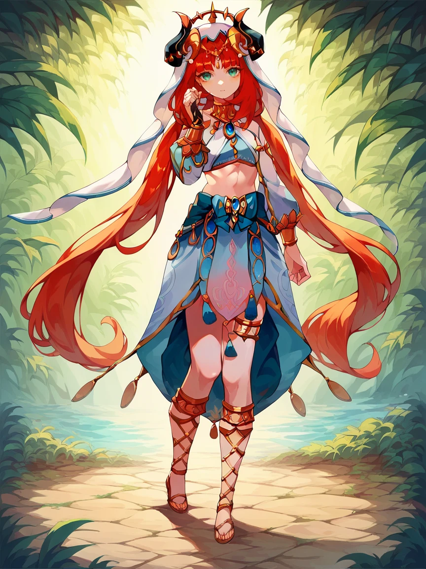 score_9, score_8_up, score_7_up, score_6_up, score_5_up,  <lora:nilouXLP:1> nilou, 1girl, horns, solo, red hair, long hair, veil, gladiator sandals, puffy long sleeves, twintails