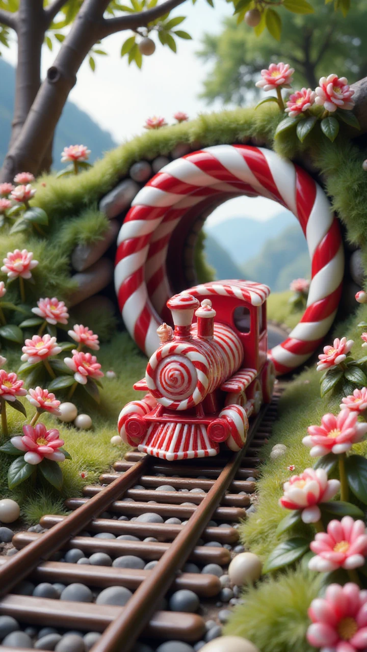 made out of candycane,  a miniature train coming out of a overgrown tunnel surrounded by a breathtaking landscape, <lora:flux-candycanestyle:1>