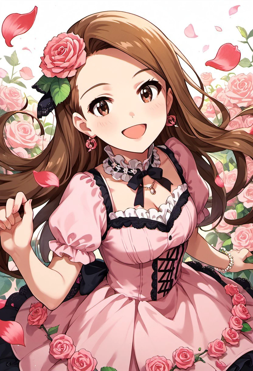 score_9, score_8_up, score_7_up, source_anime,minase iori, long hair, brown hair, brown eyes, 1girl, flower, solo, dress, open mouth, smile, rose, hair ornament, looking at viewer, petals, hair flower, pink dress