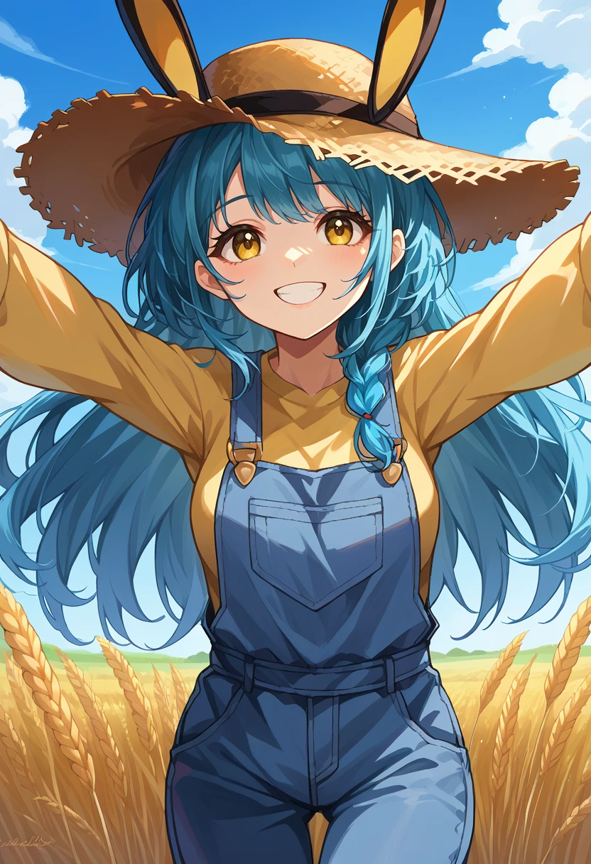 score_9, score_8_up, source_anime, 1girl, solo, BoiseFlwd, yellow eyes, blue hair, long hair, braid, fake animal ears, overalls, slight smile, straw hat, wheat field, looking at viewer, outstretched arms, happy, <lora:ChamBoisePonyXL:1>