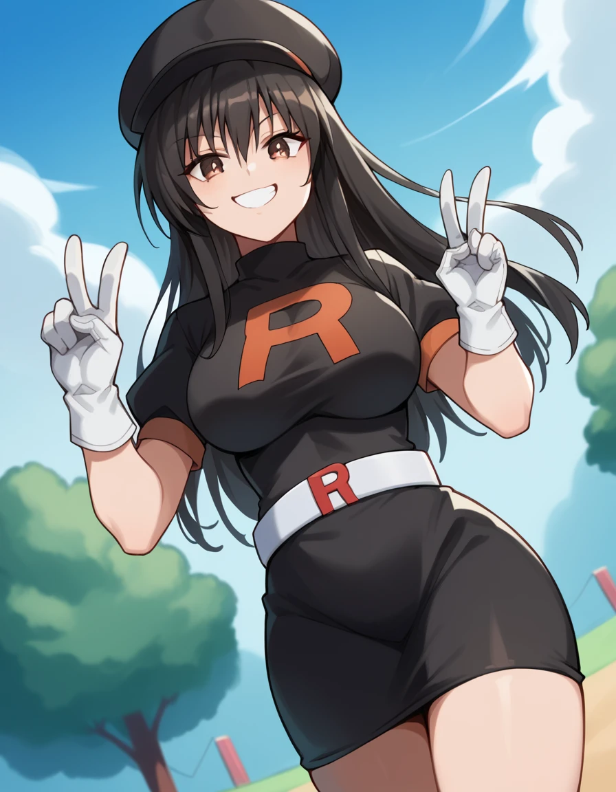 score_9, score_8_up, score_7_up, source_anime, <lora:yui-kotegawa-darkness-ponyxl-lora-nochekaiser:1>, yui kotegawa, black hair, brown eyes, long hair, large breasts, <lora:team-rocket-uniform-ponyxl-lora-nochekaiser:1>, team rocket uniform, black hat, black shirt, black skirt, white belt, white gloves, single letter,, smile, smug, v, outdoors,, cowboy shot, dutch angle, looking at viewer,