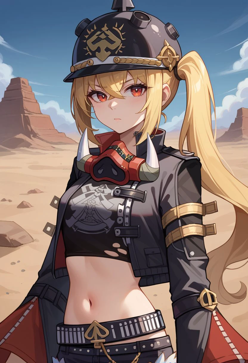 score_9, score_8_up, score_7_up, source_anime, 1girl, lucydef, red eyes, blonde hair, long hair, side ponytail, helmet, black headwear, mask around neck, black jacket, open jacket, cropped jacket, crop top, torn clothes, midriff, navel, long sleeves, black gloves, belt, short shorts, black shorts, denim shorts, fur trim, chain, standing, serious, closed mouth, looking at viewer, outdoors, desert, upper body, close-up, portrait, <lora:Lucy_v1-000010:1>