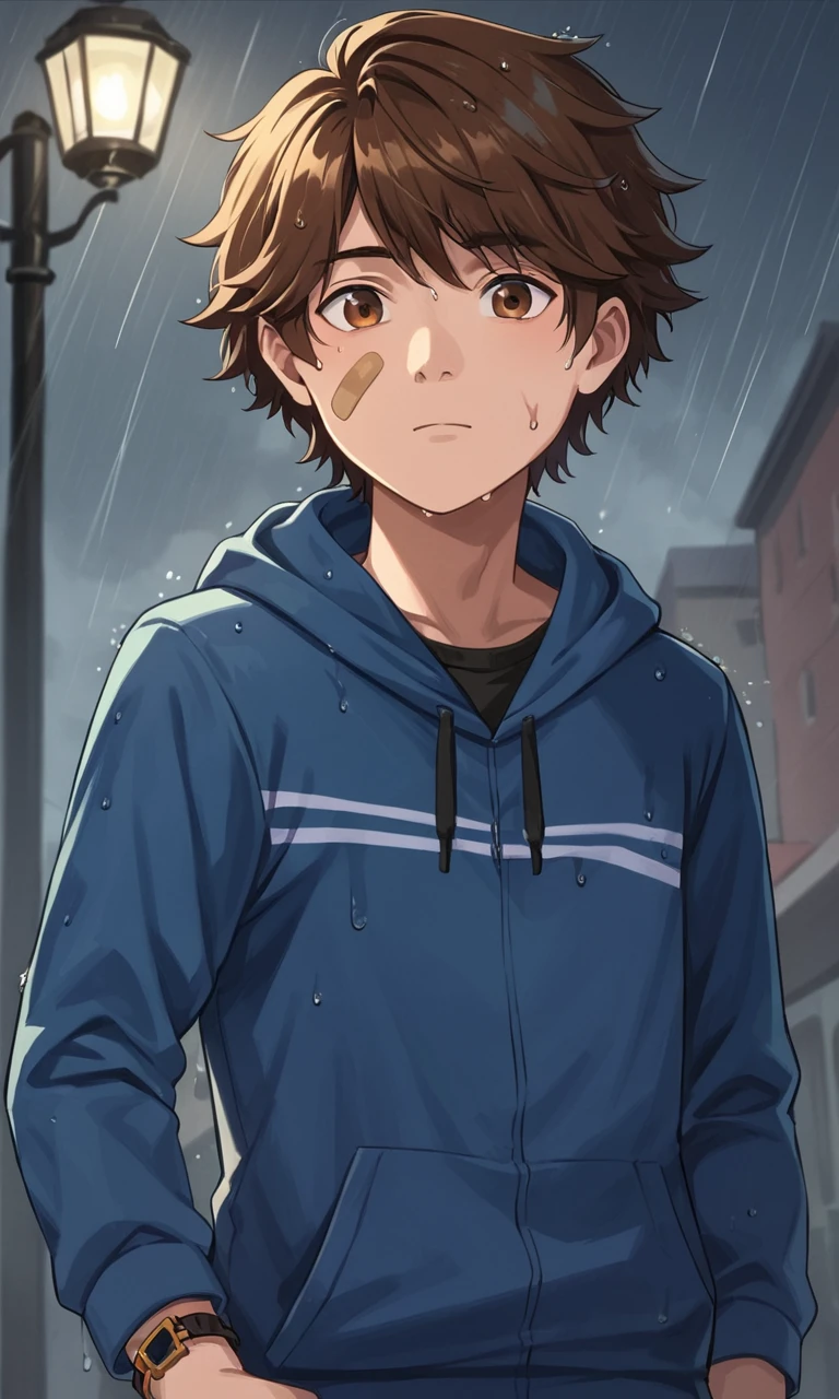 score_9, score_8_up, score_7_up, source_anime, anime illustration, masterpiece, best quality, lots of details, BREAK
1boy, solo, 18 years old, gregoryfnaf, brown hair, brown eyes, bandaid on face, watch, short hair, looking at viewer, from below, blue hoodie, rain, outdoors, dark street, long sleeves, wet, night, street lamp