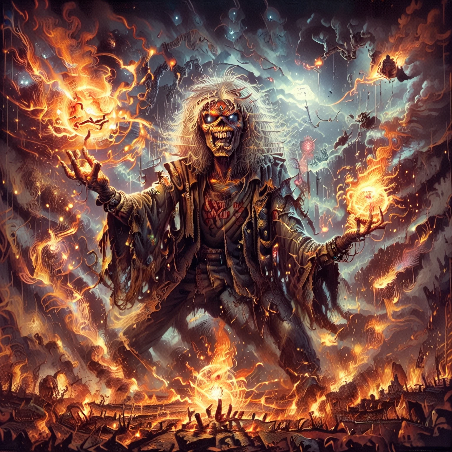 <lora:album-covers-im_pony_v1:1> an "iron maiden" album cover,    <lora:I_cast_Fireball:1> casting fireball spell, fire ball, score_9, score_6_up, score_7_up