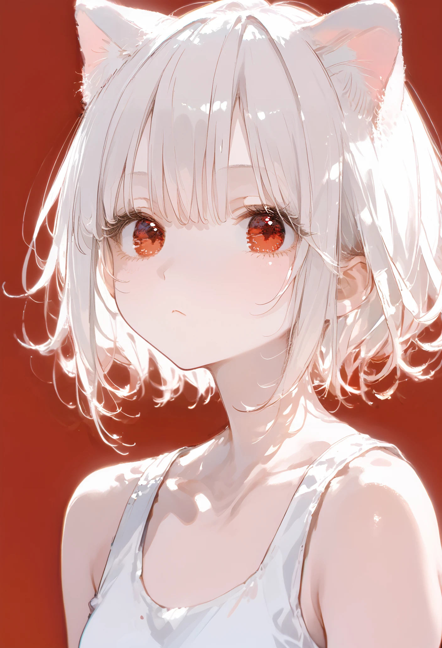 score_9, score_8_up, score_7_up, best quality, source_anime BREAK, ima_AI123, 1girl, white hair, red eyes, pale skin, short hair, bangs, cat ears, white tank top, red background, expressionless, <lora:ima_AI123:1>