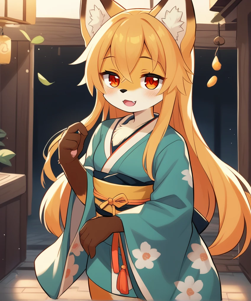 score_9, score_8_up, score_7_up,score_6_up,score_5_up, source_furry, source_cartoon, 1girl, solo, cub, furry female, furry, face fur, animal ears, japanese clothes, fox ears, fox girl, kimono, long hair, fangs, looking at viewer, open mouth, smile, breasts, blush, body fur, animal nose, two-tone fur, blonde hair, red eyes, tareme, <lora:Kurena_pony_v1:1.2>, krn, <lora:p:0.35>