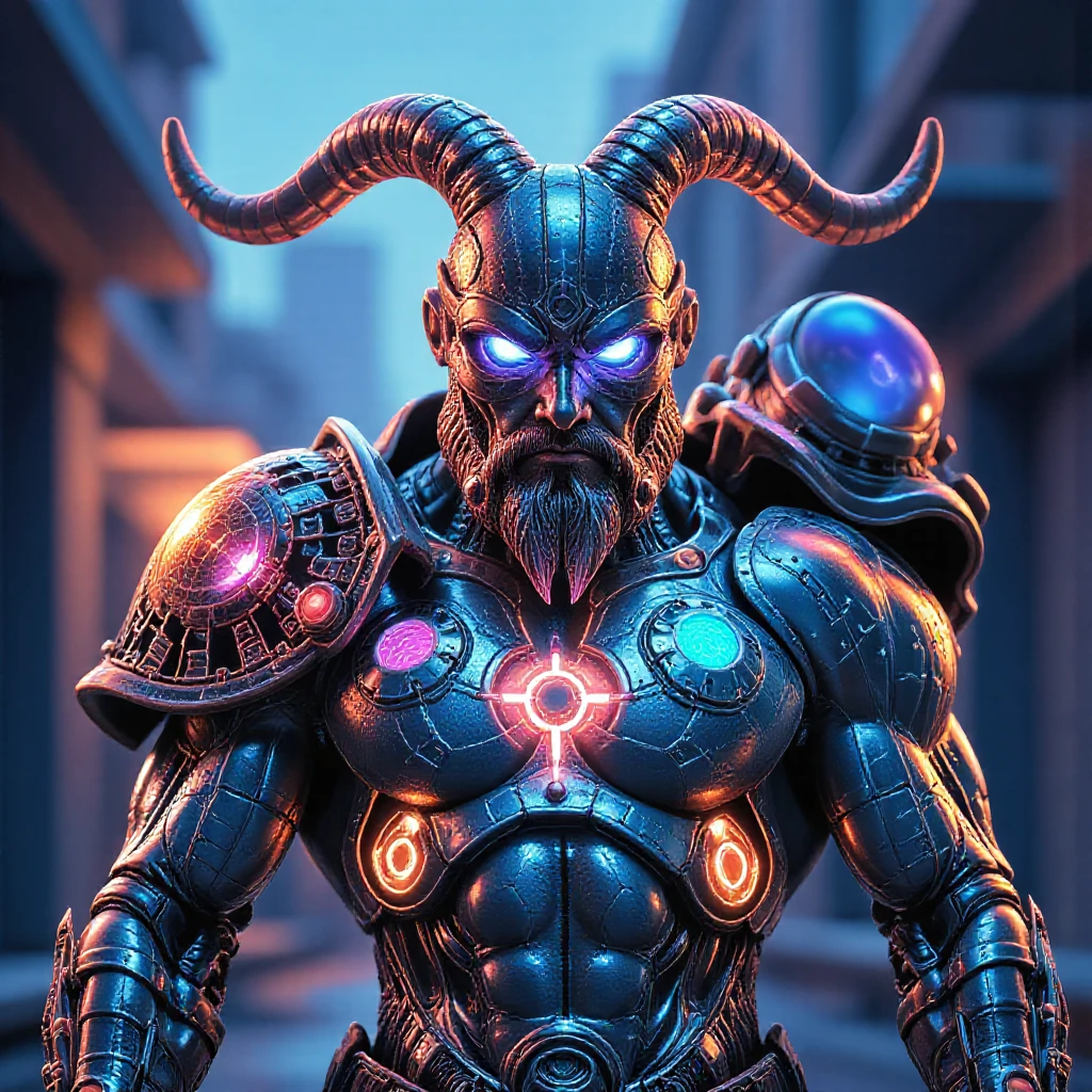 A formidable vikingpunk cyborg warrior stands in a dimly lit alley at night, their cybernetic enhancements merging with ancient armor. The warrior, a master of dark magic, prepares to unleash their power, summoning spirits from the mystical fog. The scene, a fusion of cyberpunk and Viking aesthetics, showcases intricate multicolor bioluminescent armor, helmet has the classic viking horns, muscular physique, and a menacing helmet with a hidden visage. The warrior's presence, enhanced by dramatic lighting and vibrant colors, creates an atmosphere of awe and intrigue, leaving viewers captivated by this unique blend of fantasy and futuristic elements. perfection style, <lora:scifi/fluxVikingPunk_v1:0.4>, <lora:Glowing_bioluminescent_world_for_Flux_-_by_Ethanar:0.4><lora:Neon_Cyberpunk_Vaporwave_FLUX:0.4>, mad-vprwv,