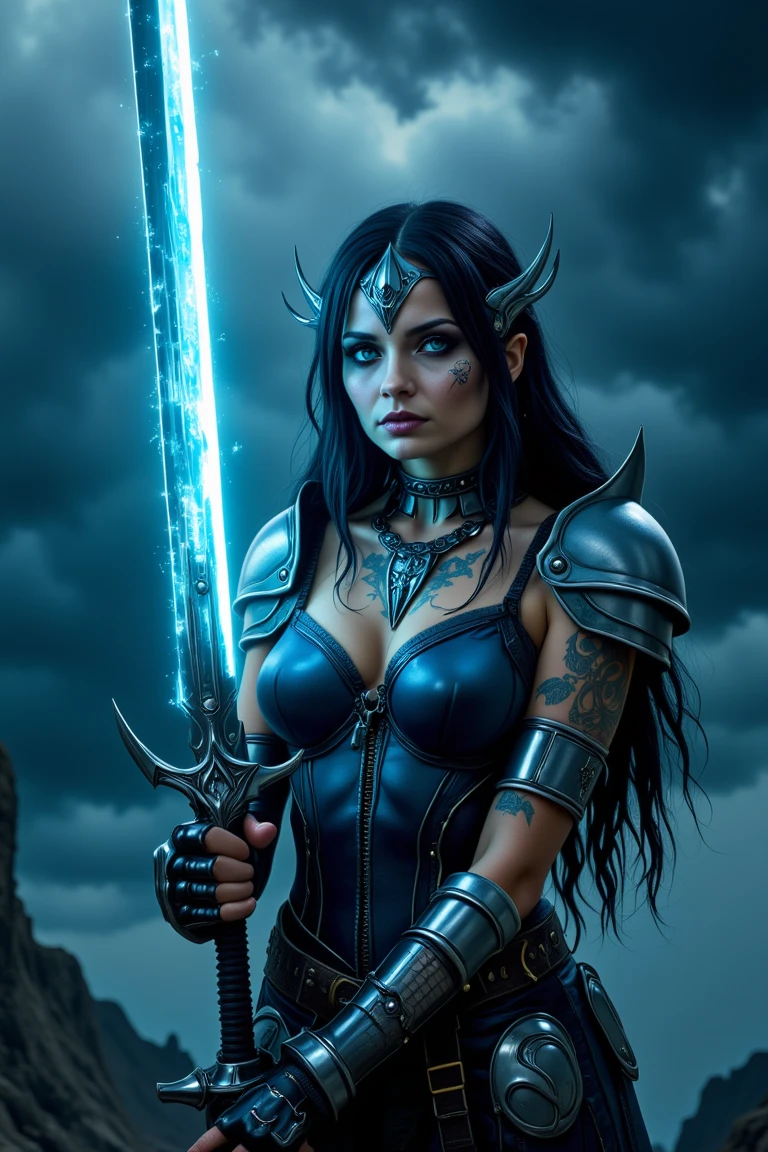 A powerful warrior princess in a blend of medieval armor and sleek futuristic technology. Her glowing, cybernetic sword is raised against a dark, swirling storm in the background. Her intricate, glowing tattoos and sharp features are in perfect focus, while the soft glow of neon blue contrasts against the stormy sky. Faeothic