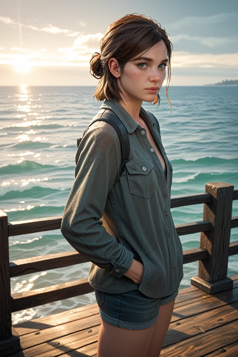 score_9, score_8_up, score_7_up, score_6_up
<lora:TLOU2Ellie:0.8>
TLOU2Ellie, 1girl, brown hair, green eyes, looking at viewer, standing on a pier, looking out at the ocean, hands in pockets, overcast sky with hints of sunlight breaking through, calm and introspective atmosphere