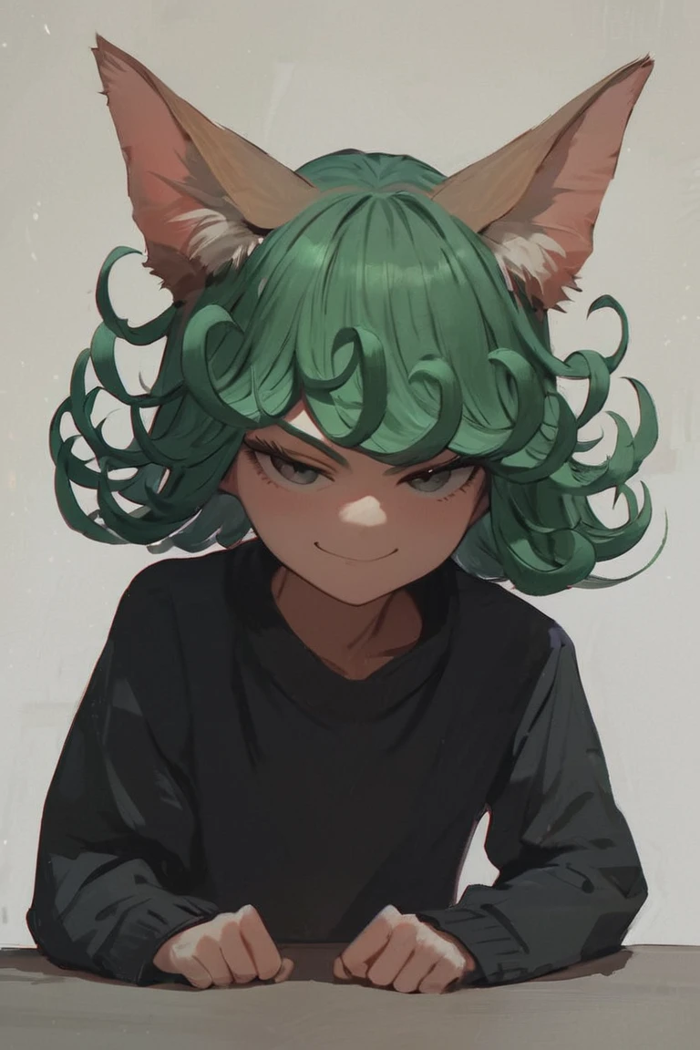 score_9, score_8_up, score_7_up, source_anime, hi res, masterpiece, best quality, highres, 1girl, cat girl, large ears, animal ear fluff, large ears, green hair, jitome, leaning forward, (close-up:0.6), smile, naughty face, black sweater, tatsumaki